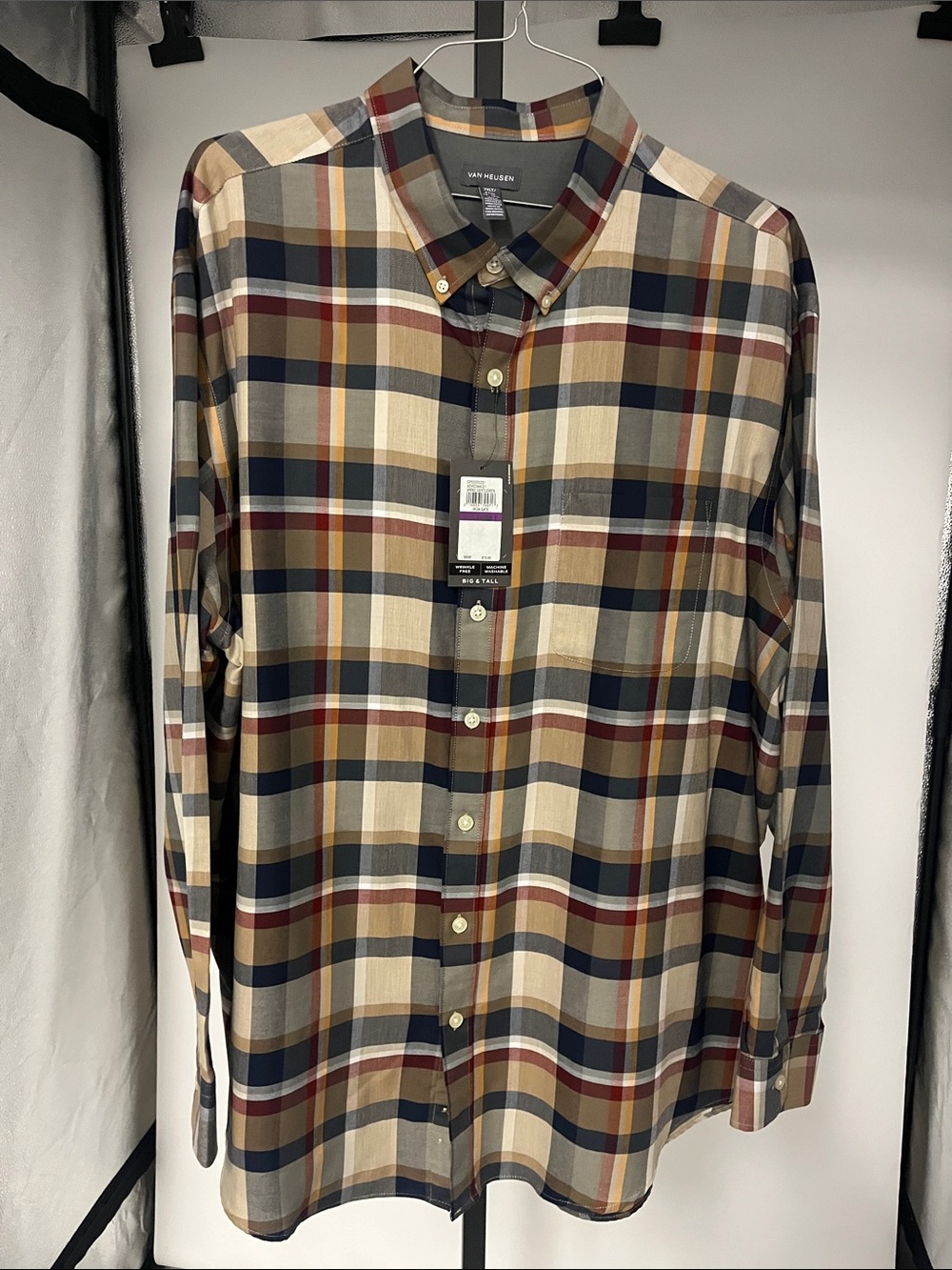 Van Heusen Plaid Button-Down Shirt in Beige, Navy & Burgundy